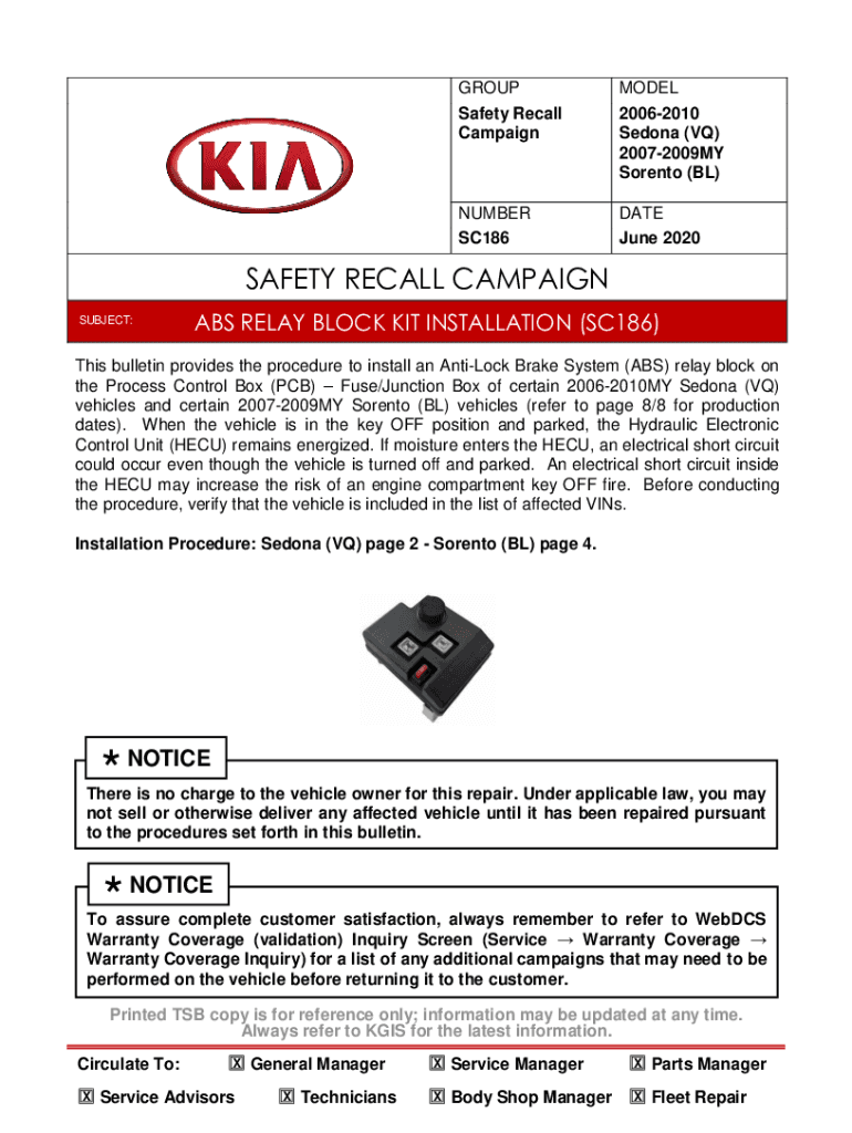 Fillable Online safety recall campaign abs relay block kit