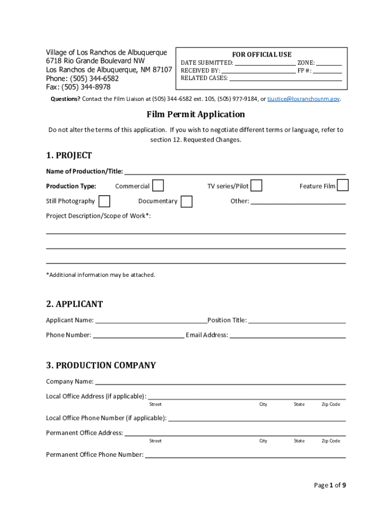 Fillable Online Film Permit Application 1. PROJECT 2. APPLICANT 3