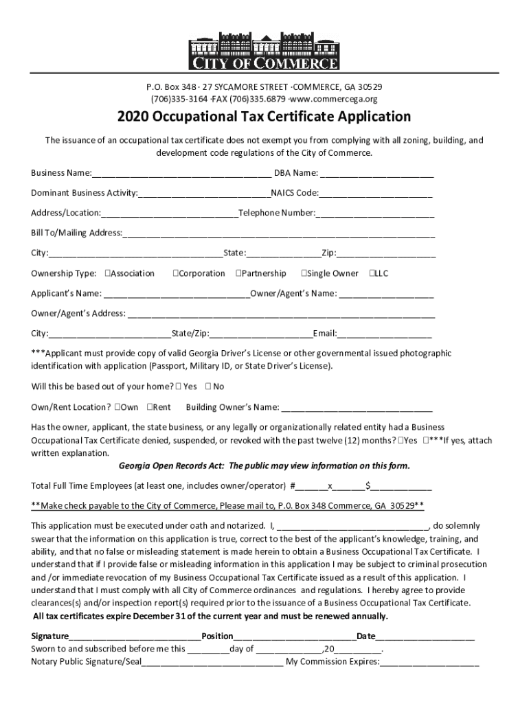 Fillable Online 2020 Occupational Tax Certificate Application City of
