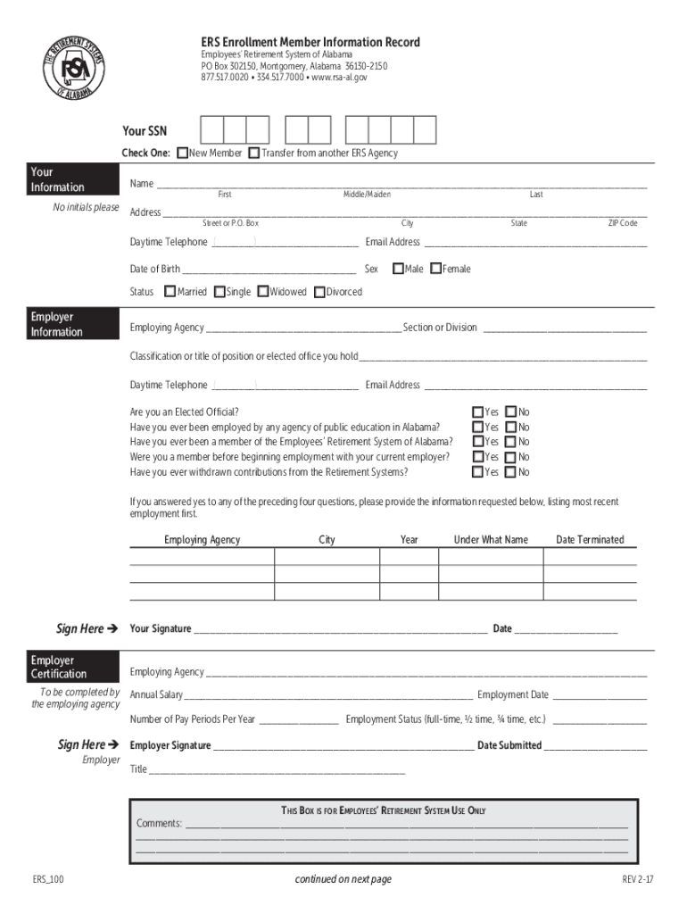 Ers 100 Form Fillable Alabama - US Legal Forms Preview on Page 1