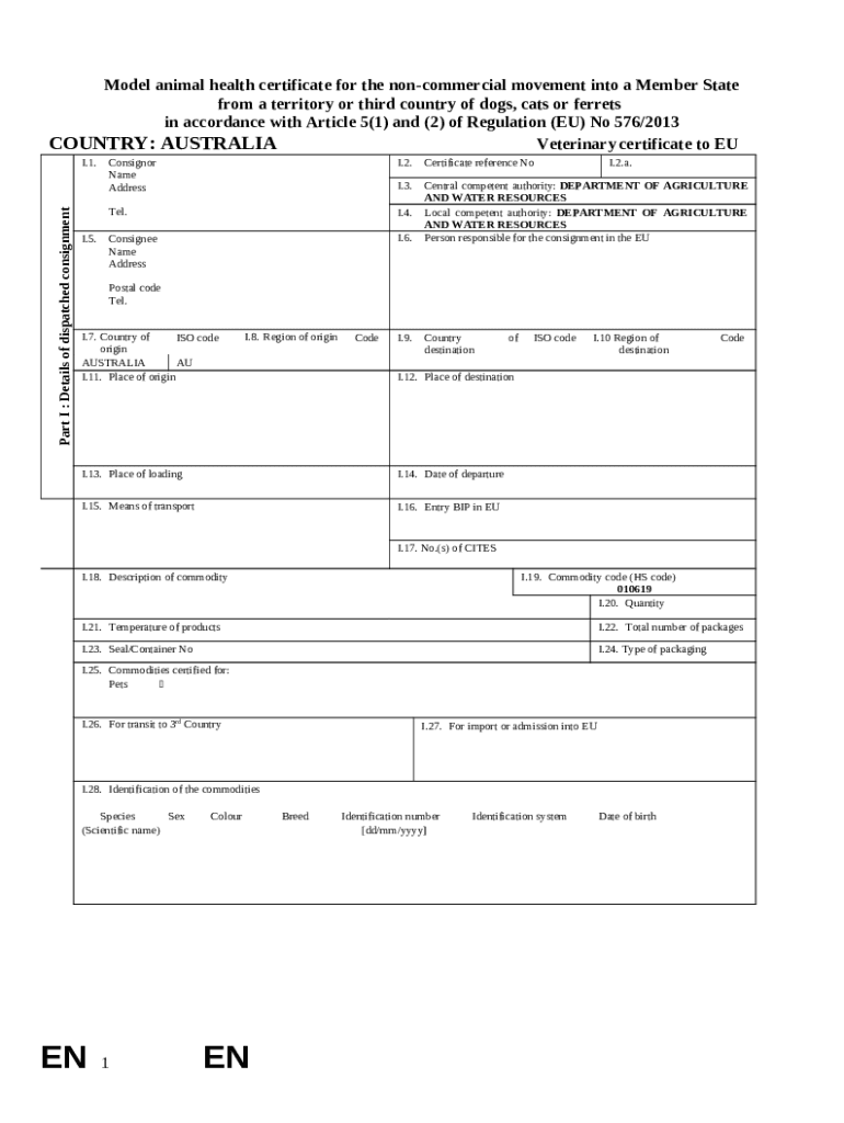 Model animal health certificate for movement of