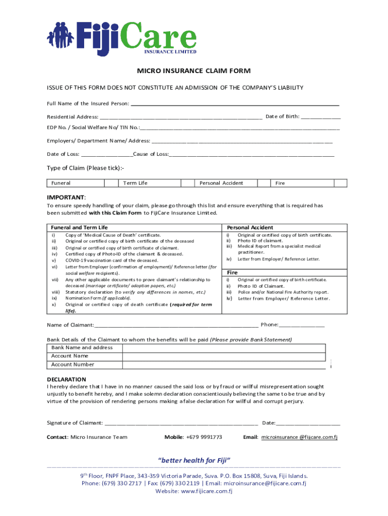 Fillable Online INSURANCE CLAIM