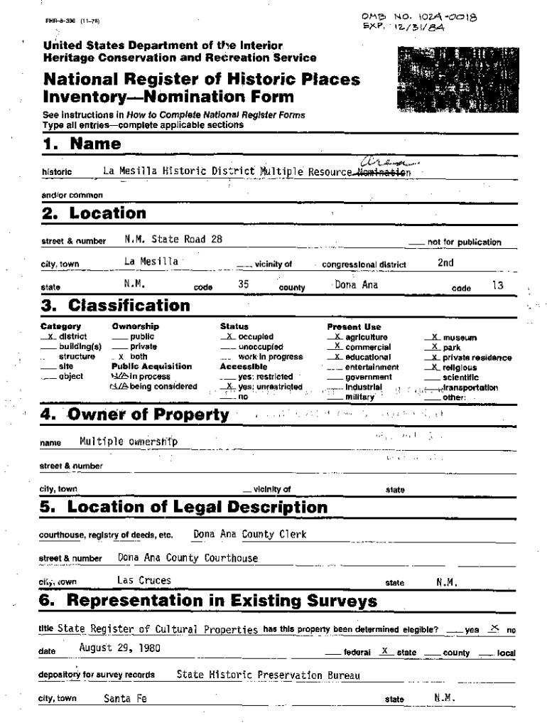 Fillable Online La Mesilla Historic District Multiple ResourceNomi nation Fax Email Print