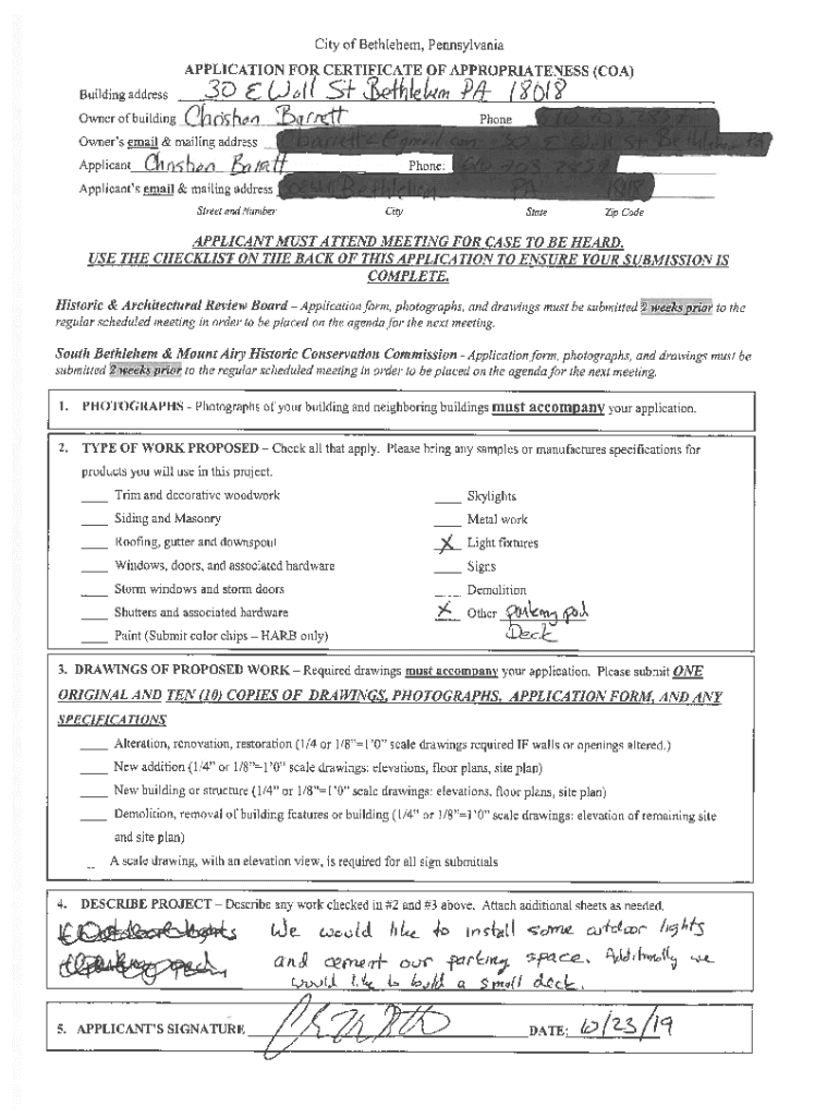 Fillable Online City of Bethlehem, Pennsylvania APPLICATION FOR