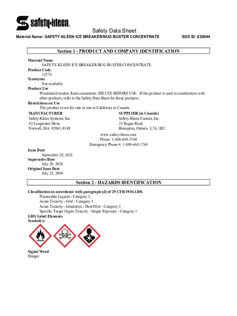 Fillable Online SAFETYKLEEN NF1000 ICE BREAKER MATERIAL SAFETY DATA