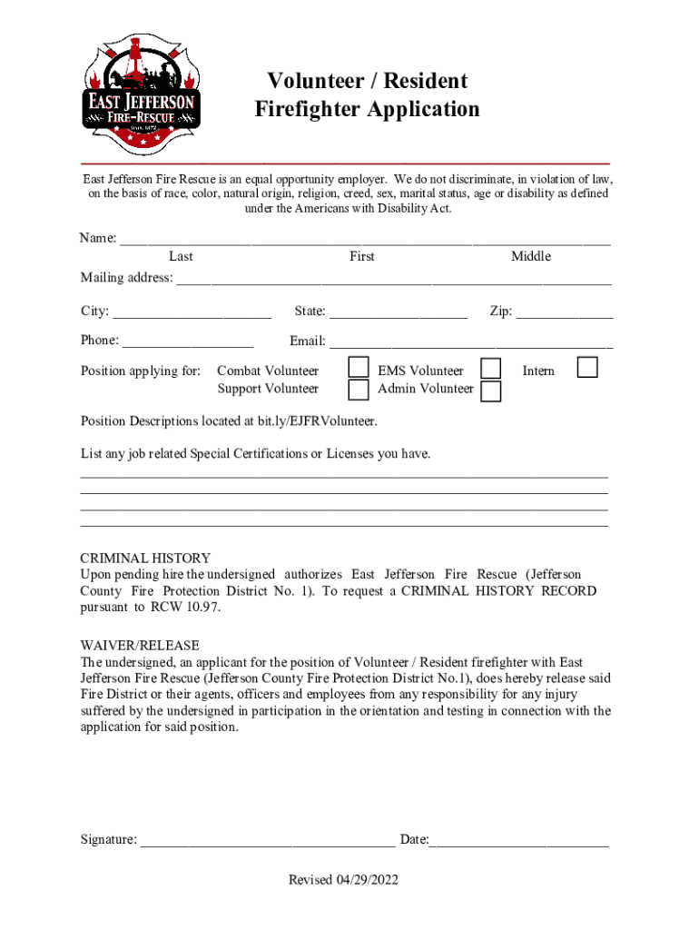 Volunteer Resident Firefighter Application - East Jefferson Fire Preview on Page 1