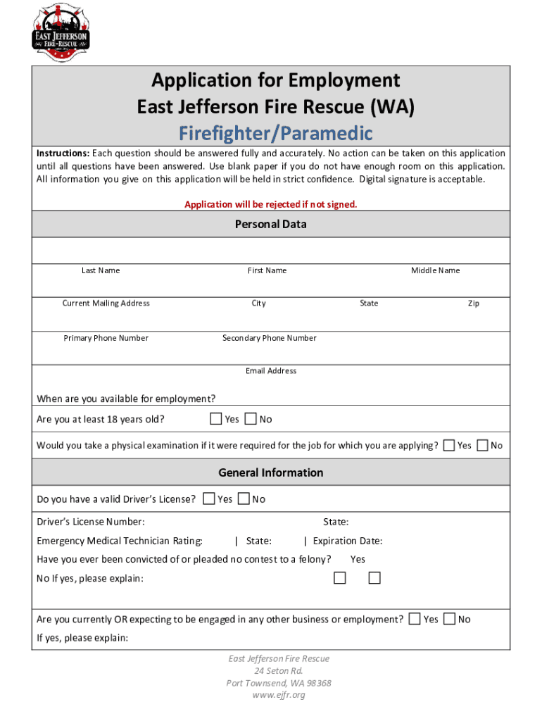 Application for Employment East Jefferson Fire Rescue (WA) Preview on Page 1