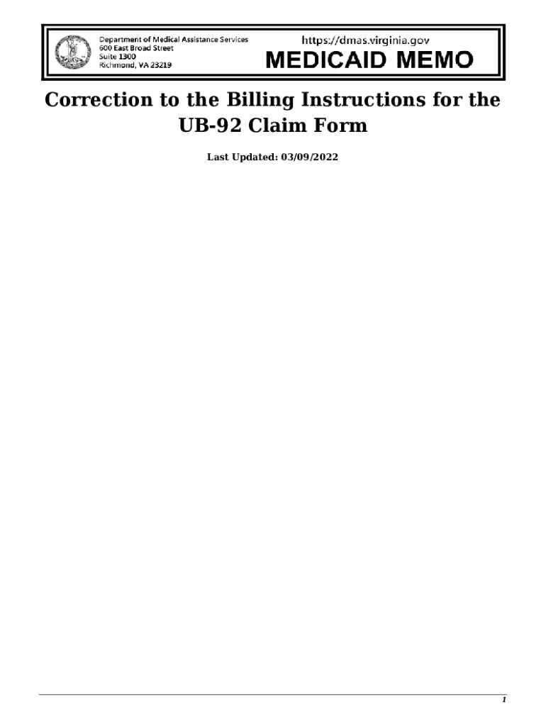 Fillable Online Correction to the Billing Instructions for the UB92