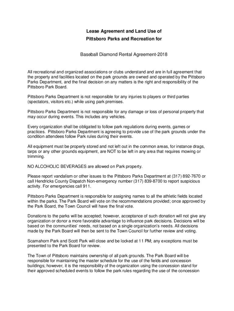 Fillable Online Lease Agreement and Land Use of Pittsboro Parks and Recreation for Fax Email
