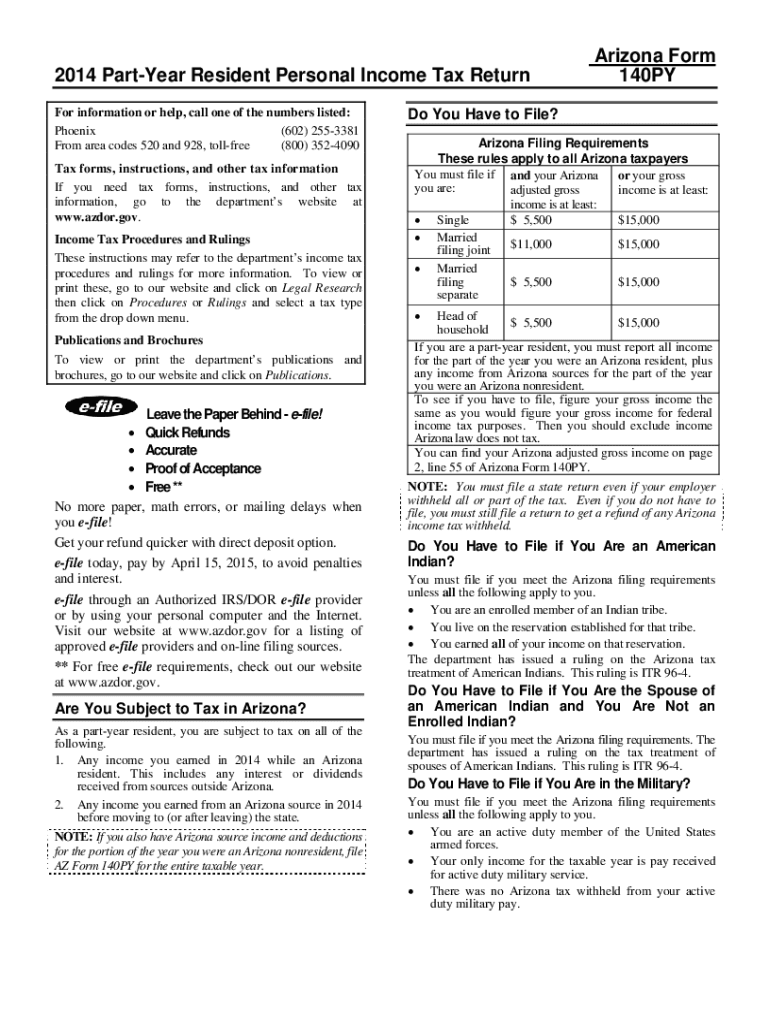 Fillable Online Arizona Form 2014 PartYear Resident Personal