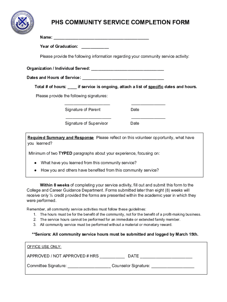 Fillable Online PHS COMMUNITY SERVICE COMPLETION FORM Fax Email Print