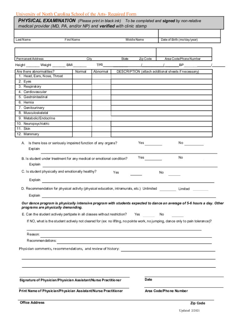 Fillable Online www.ncat.eduphyscialexaminationformPhyscial