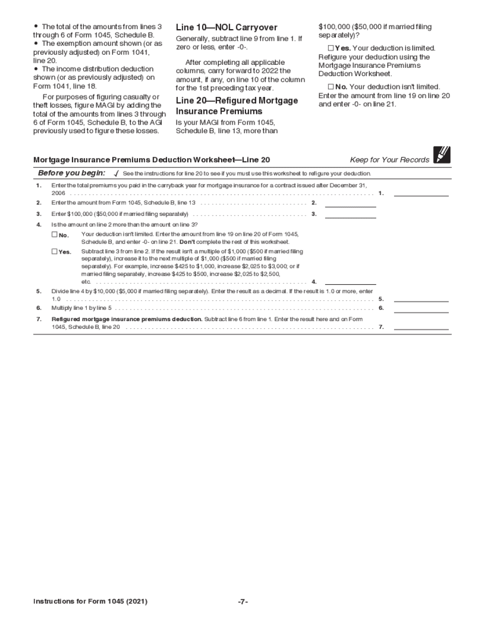 Form 1045 instructions 2021-2023 PDF