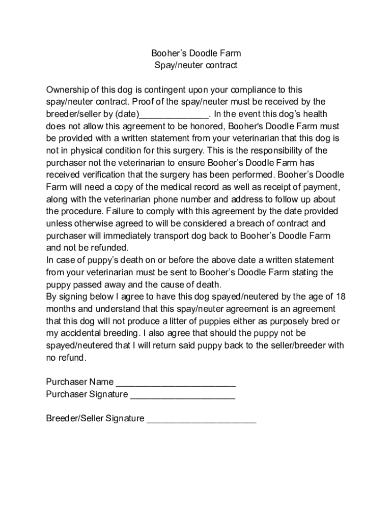 Fillable Online Spay/Neuter Agreement Hessler's Poodles Puppys Application Number: Fax Email ...
