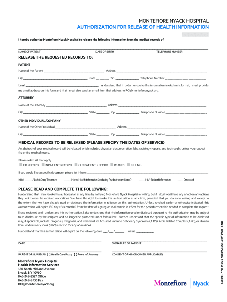 PDF MONTEFIORE NYACK HOSPITAL AUTHORIZATION FOR Preview on Page 1