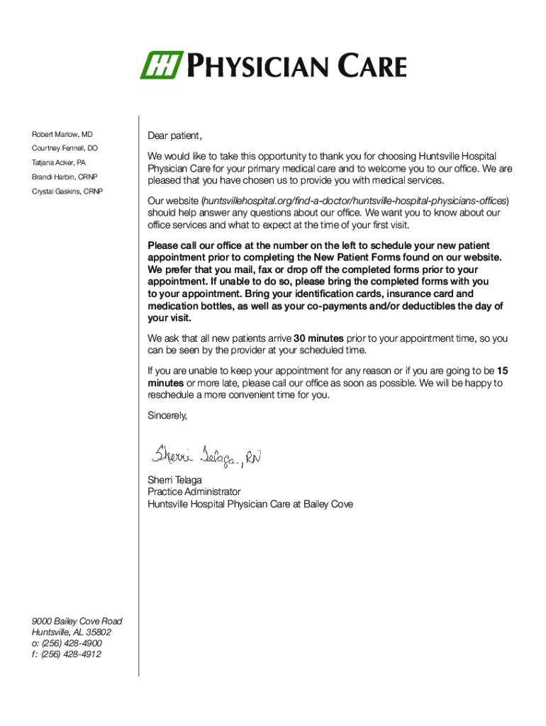 Fillable Online Huntsville Hospital Physician Health Care Services at Bailey Cove Fax Email