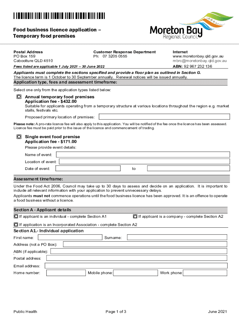 Fillable Online Food business licence application Temporary food premises Fax Email Print