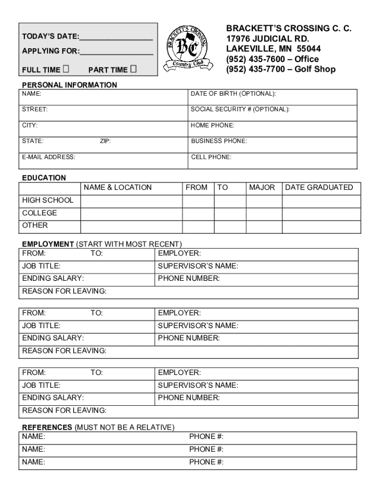 Fillable Online Brackett's Crossing Country Club, Lakeville, Minnesota