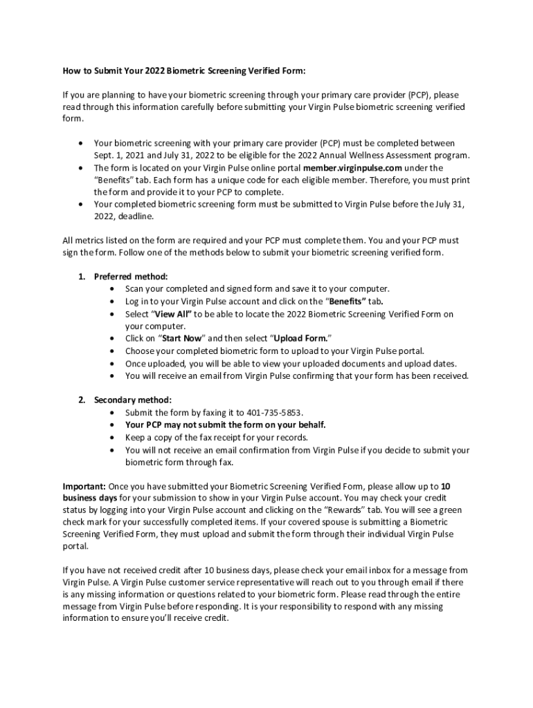 Fillable Online How to Submit 2022 Biometric Screening Verified Form