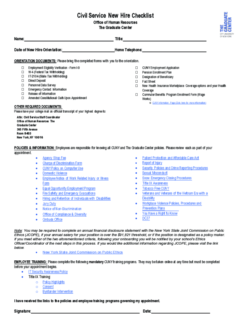 Fillable Online help.gc.cuny.edusitesdefaultCivil Service New Hire ...