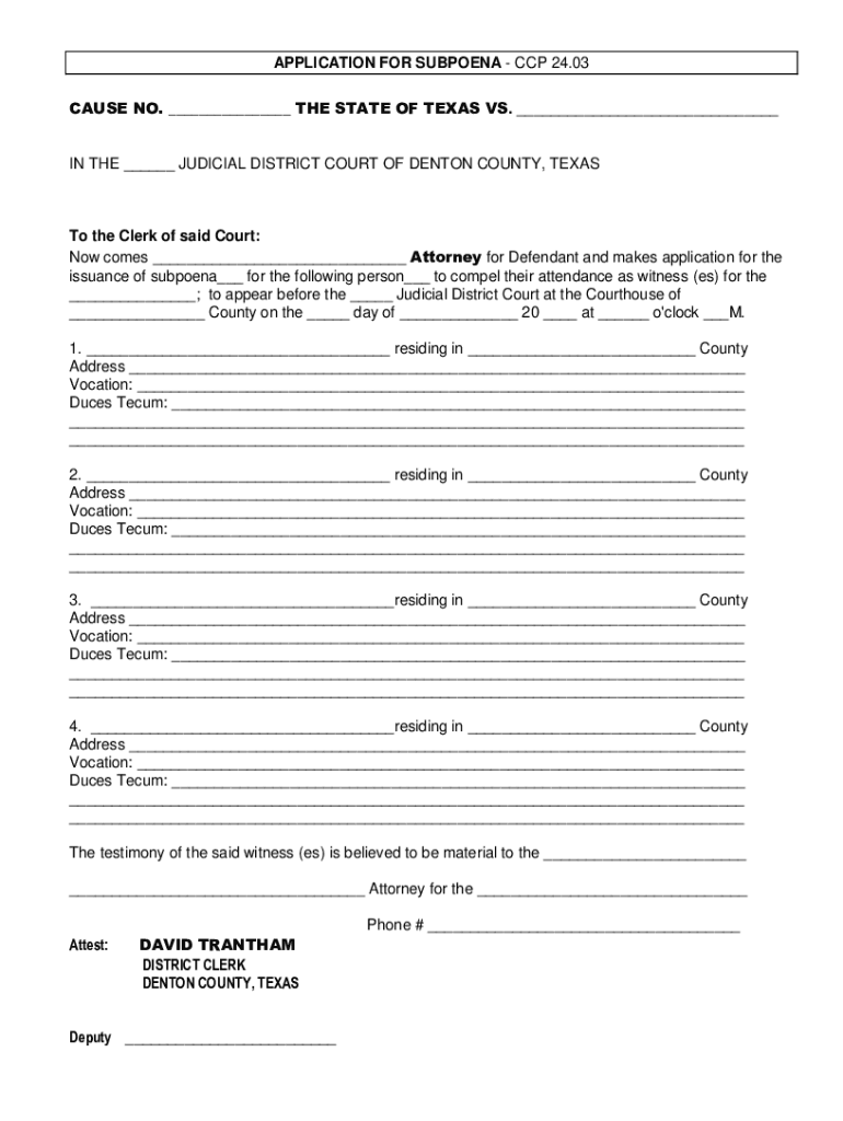 Fillable Online THE STATE OF TEXAS WITNESS SUBPOENA/SUBPOENA DUCES