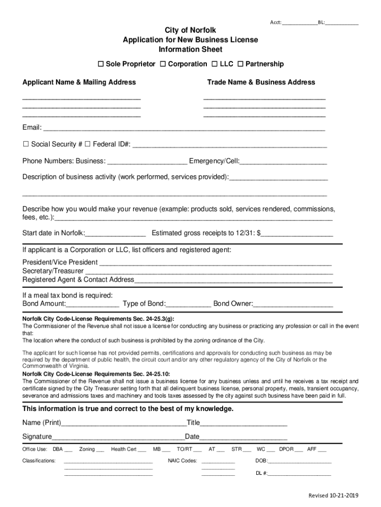 Fillable Online City of Norfolk Application for New Business License Information Sheet Fax Email