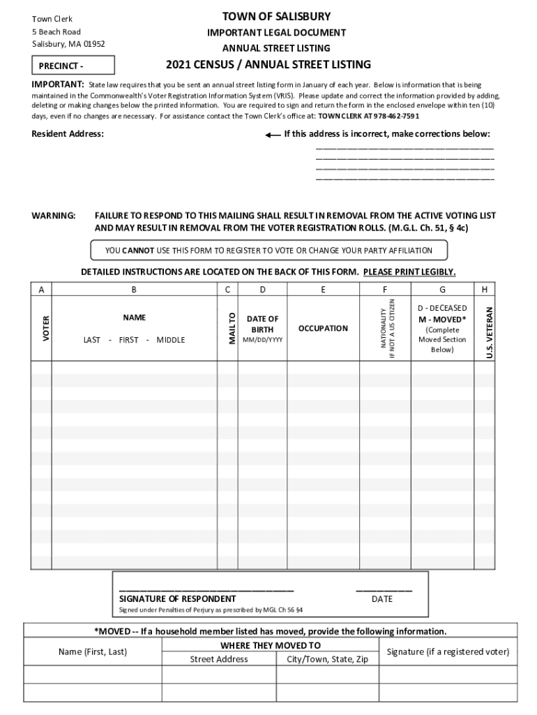 Fillable Online Salisbury Town Clerk, Salisbury, MA 5 Beach Rd