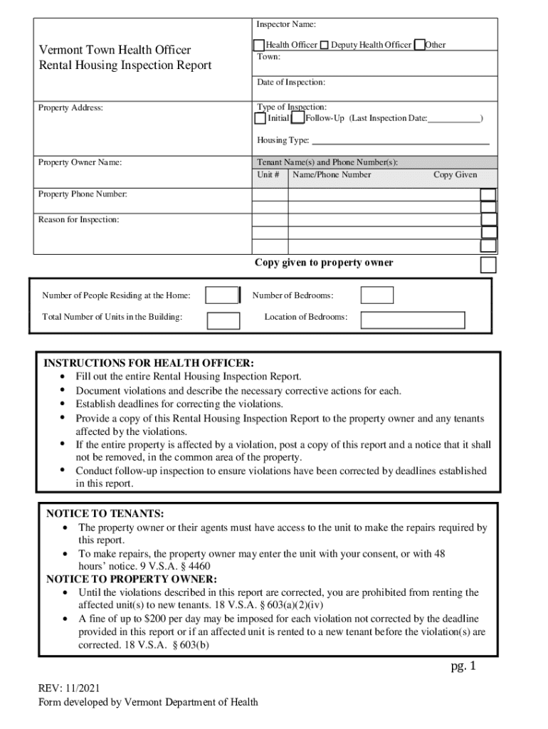 vermont housing inspection checklist Preview on Page 1