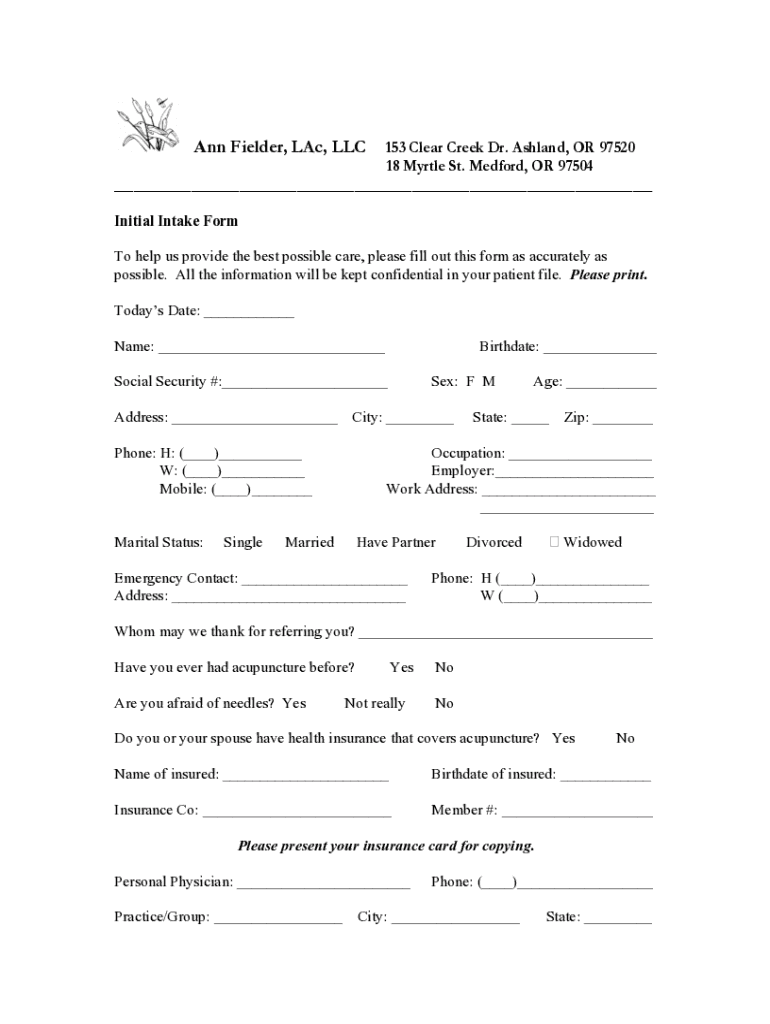 Fillable Online Intake Form - Ann Fax Email Print - pdfFiller