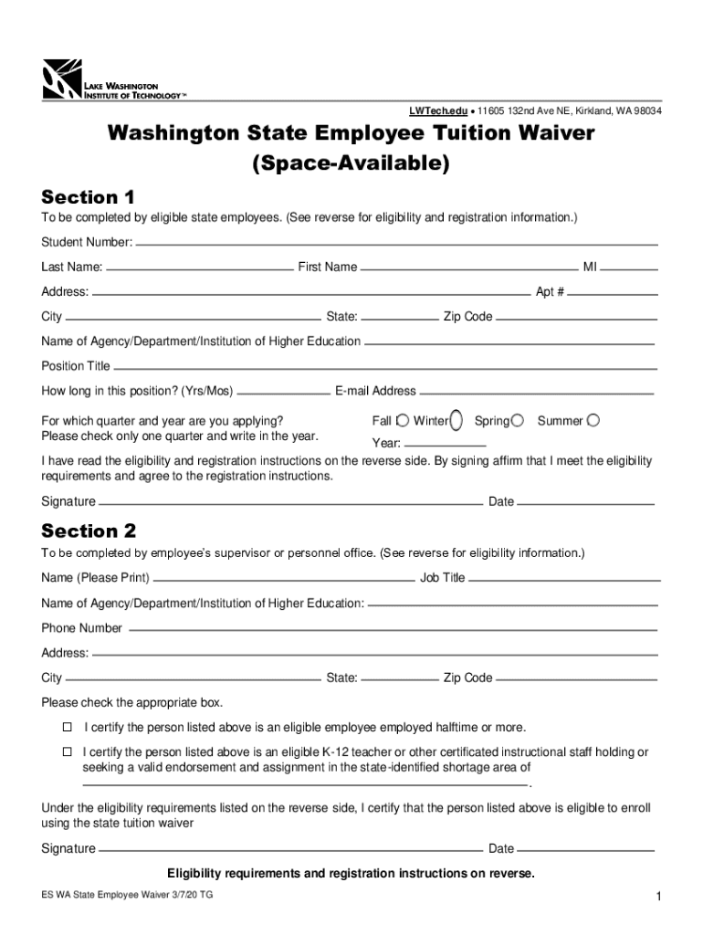 Fillable Online Washington State Employee Tuition Waiver Form Fax Email