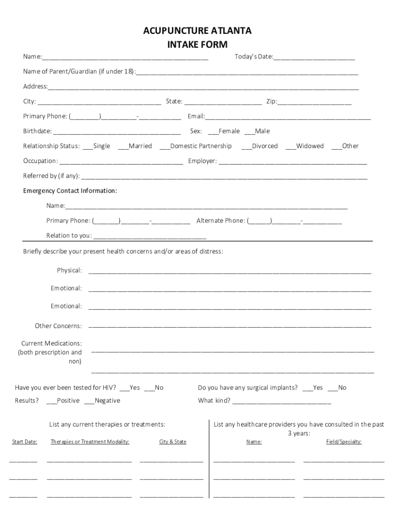 Fillable Online Acupuncture Health Intake Form