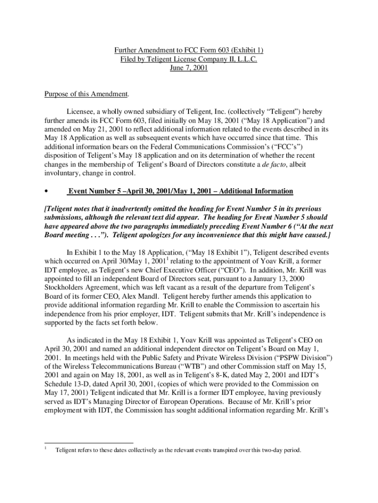 Fillable Online Further Amendment to FCC Form 603 (Exhibit 1) Filed by