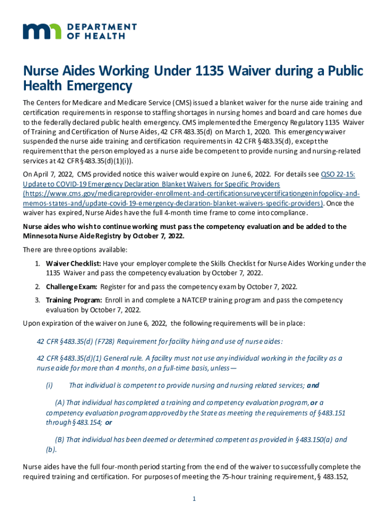 Fillable Online health mn Nurse Aides Working Under 1135 Waiver during