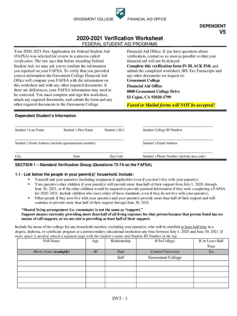 DEPENDENT Please Use Black Ink GROSSMONT COLLEGE FINANCIAL AID OFFICE Preview on Page 1