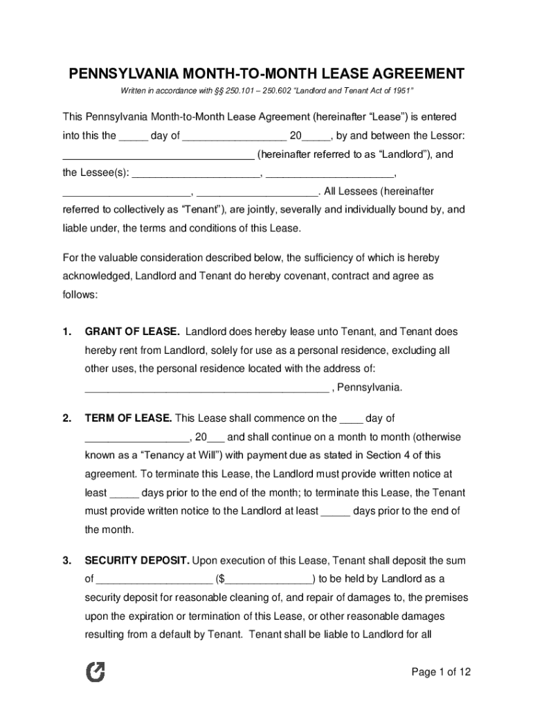Fillable Online Pennsylvania Month to Month Lease Agreement Template Fillable Online Pennsylvania Month to Month Lease Agreement Template