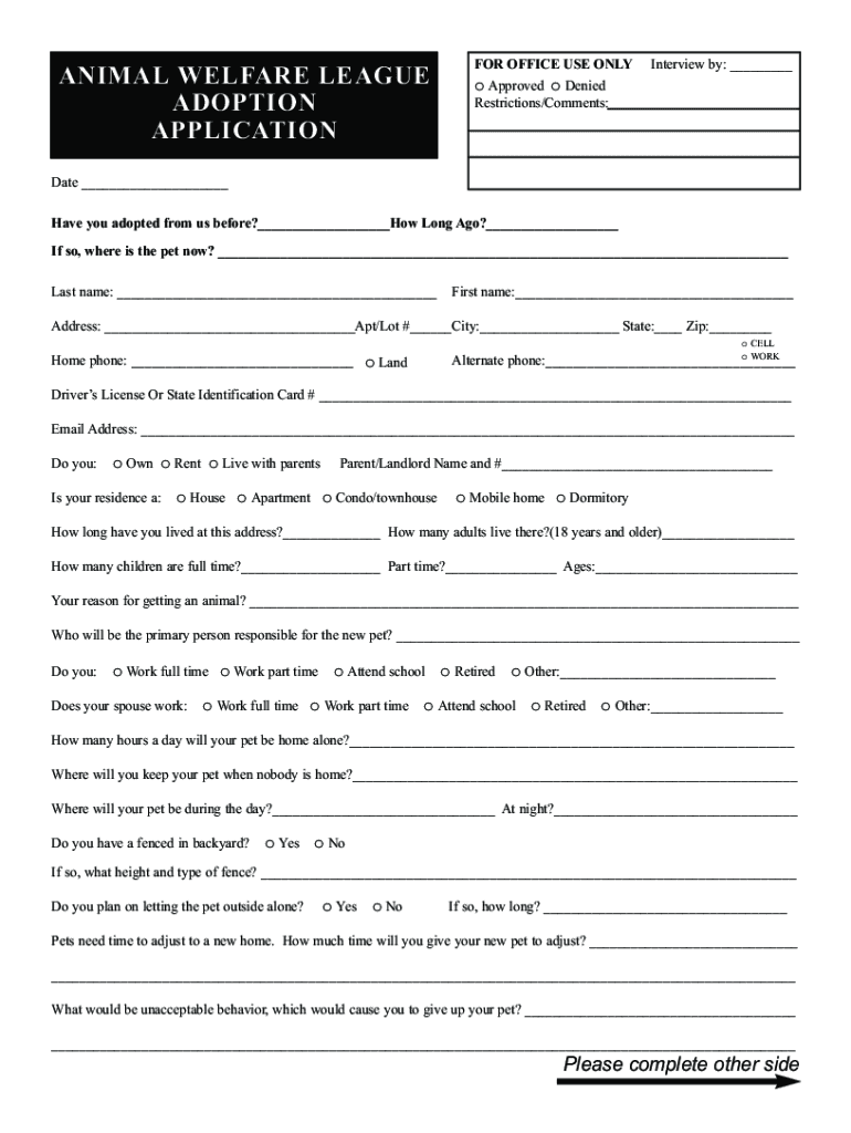 welfare league adoption application Preview on Page 1