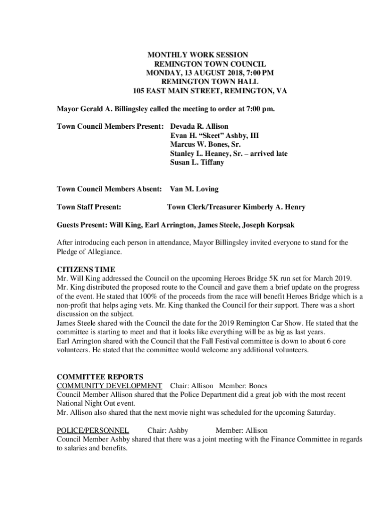 Fillable Online MONTHLY WORK SESSION REMINGTON TOWN COUNCIL Fax