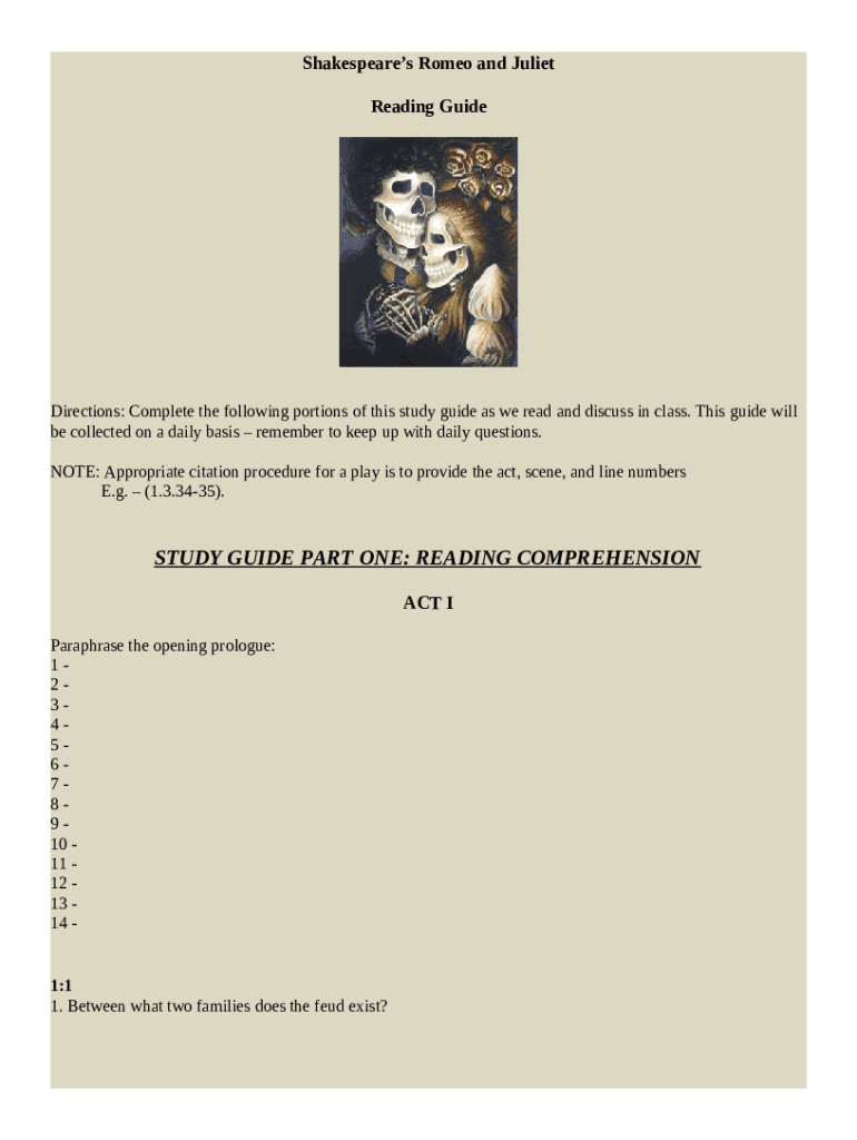 Romeo And Juliet Reading Guide Romeo And Juliet Reading Course