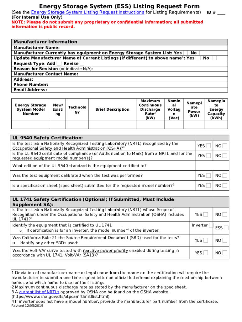 Energy Storage System (ESS) Listing Request Doc Template pdfFiller