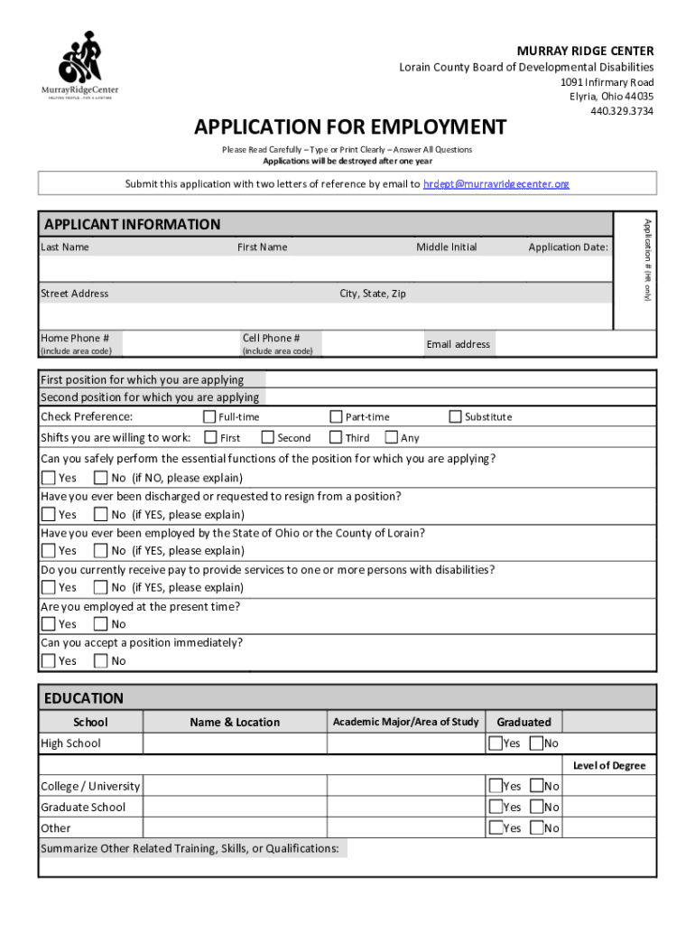 APPLICATION FOR EMPLOYMENT Murray Ridge Center Preview on Page 1