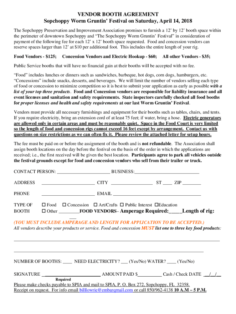 Fillable Online VENDOR BOOTH AGREEMENT Sopchoppy Worm Gruntin Festival
