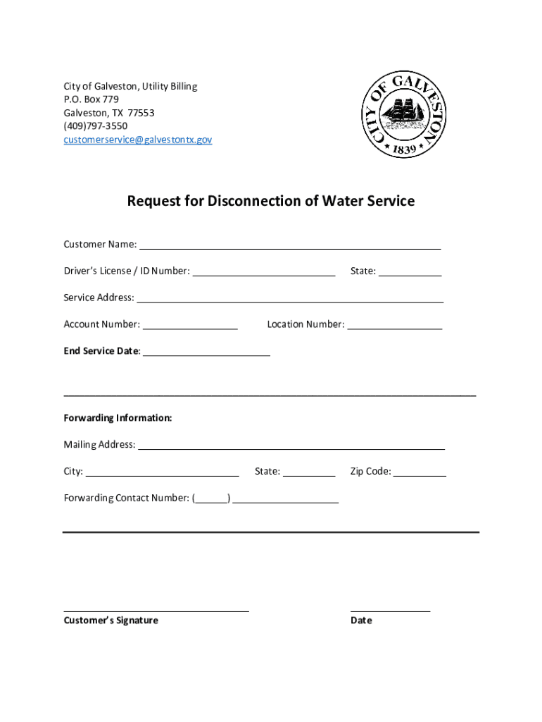 Fillable Online City of Galveston Utility Billing Division Request For Disconnection Fax