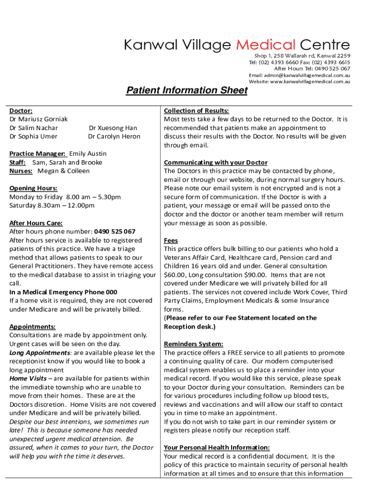 medical patient information sheet template Preview on Page 1.