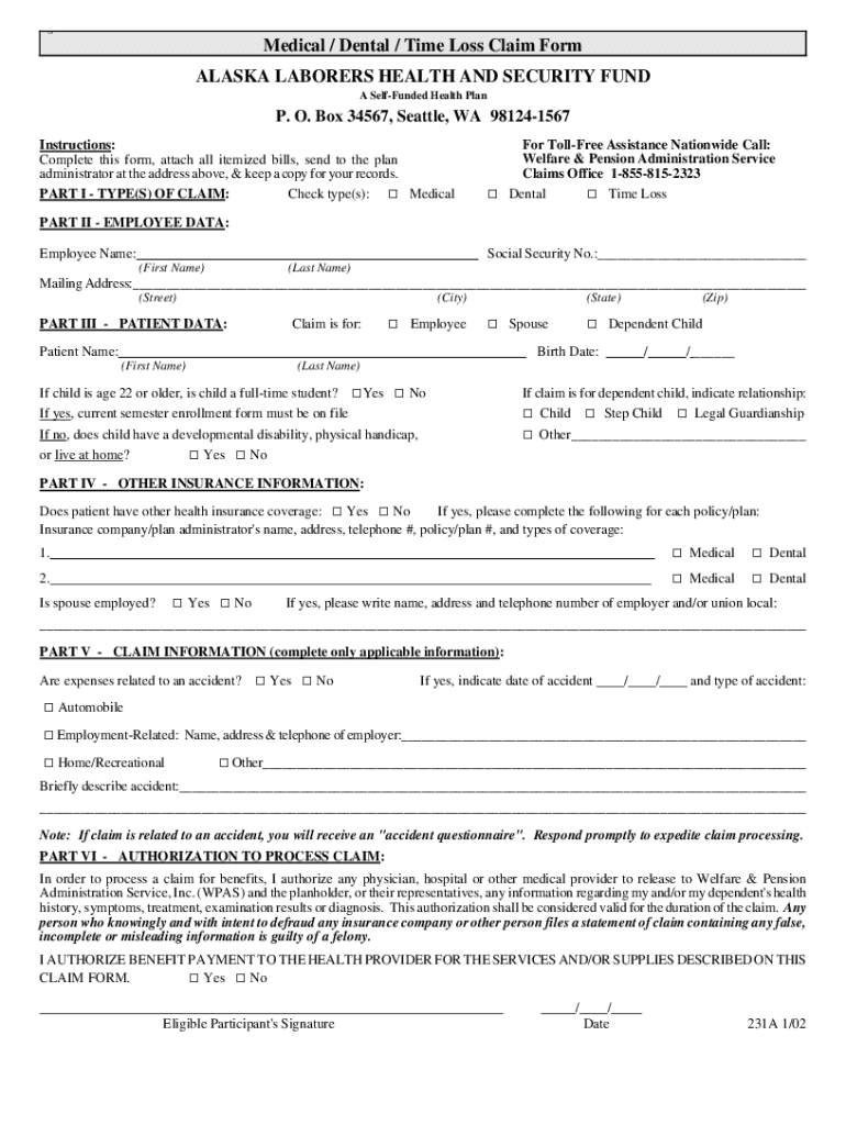 cocodoc form34429478-medical-time-lossMedical Time Loss Claim Form Wpas Inc: Fillable, Printable Preview on Page 1