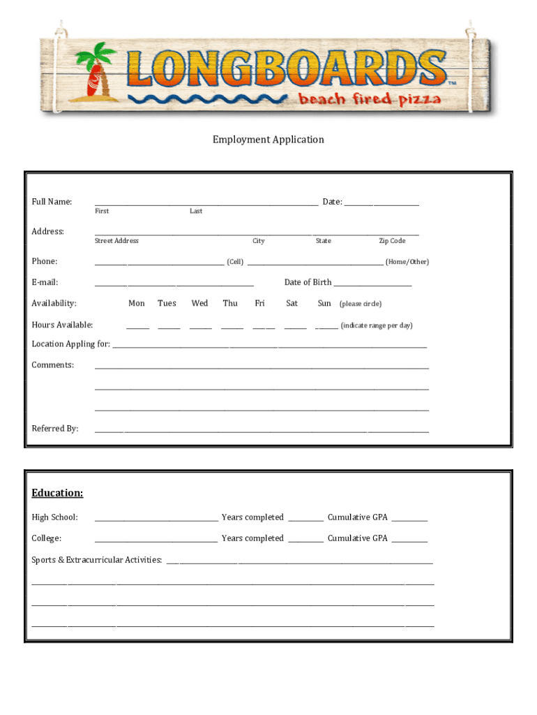Fillable Online Longboards Employment Application Fax Email Print