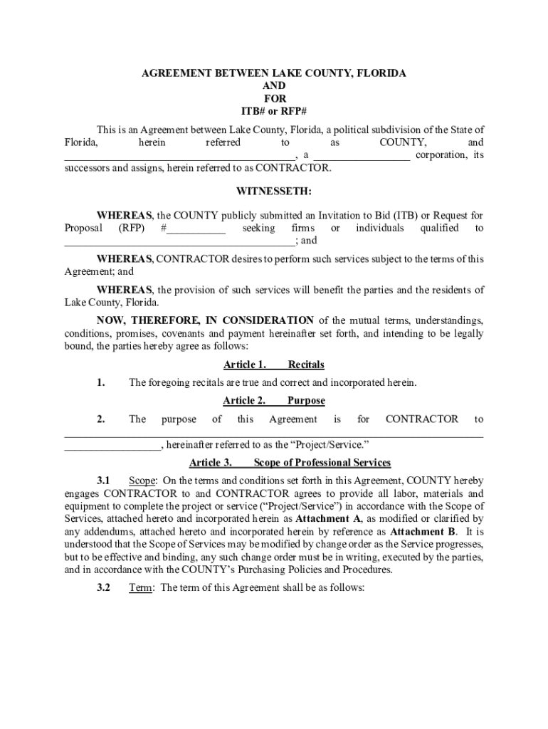 Fillable Online AGREEMENT BETWEEN LAKE COUNTY, FLORIDA AND FOR ITB