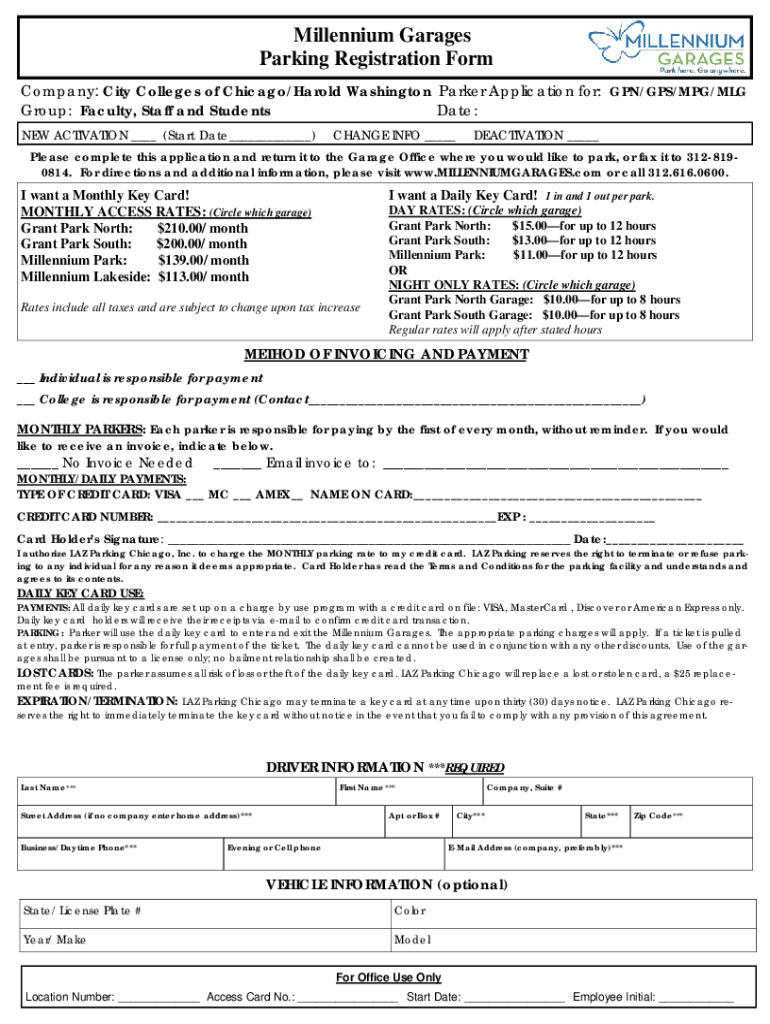 Fillable Online Millennium Garages Parking Registration Form