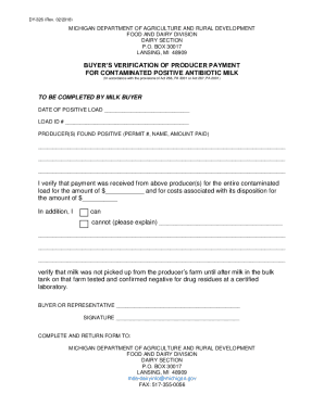 DY-326 Buyer's Verification of Producer Payment for Contaminated Positive Antibiotic Milk. DY-326 Buyer's Verification of Producer Payment for Contaminated Positive Antibiotic Milk