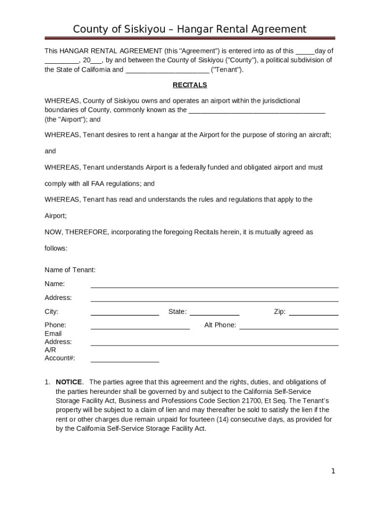 County of Siskiyou Hangar Rental Agreement Doc Template pdfFiller