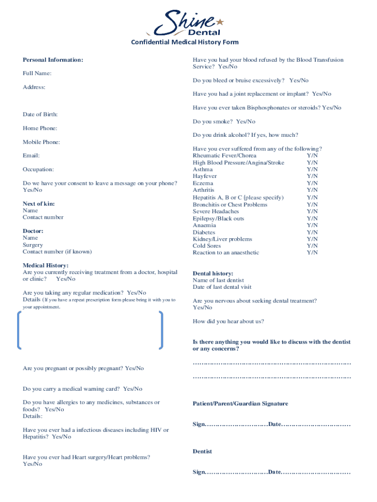 UK Shine Dental Confidential Medical History Form Preview on Page 1